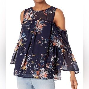 Lucky Brand Dark Blue Floral Cold Shoulder Top - Large